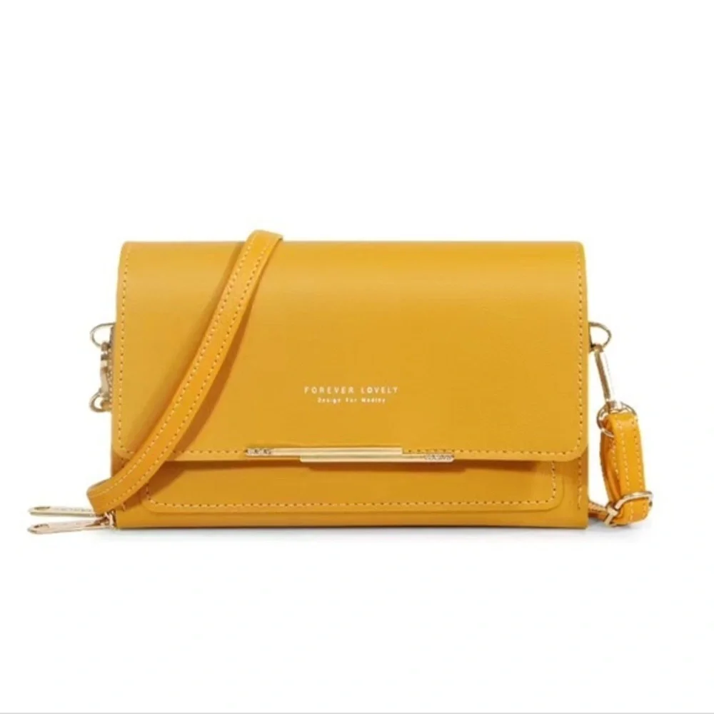 New! Nice Yellow Crossbody Wallet Clutch  Gold Metal Three Zippered Comp…